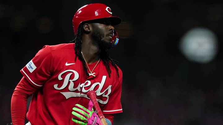 Aug 31, 2026; Cincinnati, Ohio, USA;  Cincinnati Reds designated hitter Elly de la Cruz (44) tosses his bat after drawing a walk in the seventh inning against the San Diego Padres at Great American Ball Park. Mandatory Credit: Aaron Doster-Imagn Images