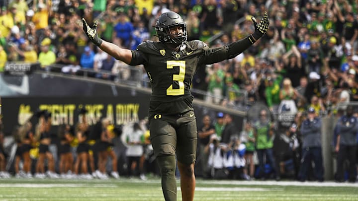 Sep 17, 2022; Eugene, Oregon, USA; Oregon Ducks defensive end Brandon Dorlus (3) celebrates after a tackle.