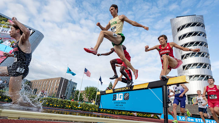 Oregon’s Vincent Mestler competes in the men’s 3,000-meter steeplechase during day two of the Big Ten Outdoor Track and Field Championships on May 17, 2025, at Hayward Field in Eugene.