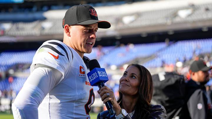 Cincinnati Bengals quarterback Joe Burrow (9) does a post game interview with Tracy Wolfson after the fourth quarter of the NFL Week 7 game between the Baltimore Ravens and the Cincinnati Bengals at M&T Bank Stadium in Baltimore on Sunday, Oct. 25, 2026. The Bengals scored 35 points in the second half to win 35-13 on the road. Cincinnati Bengals quarterback Joe Burrow (9) does a post game interview with Tracy Wolfson after the fourth quarter of the NFL Week 7 game between the Baltimore Ravens and the Cincinnati Bengals at M&T Bank Stadium in Baltimore on Sunday, Oct. 25, 2026. The Bengals scored 35 points in the second half to win 35-13 on the road.