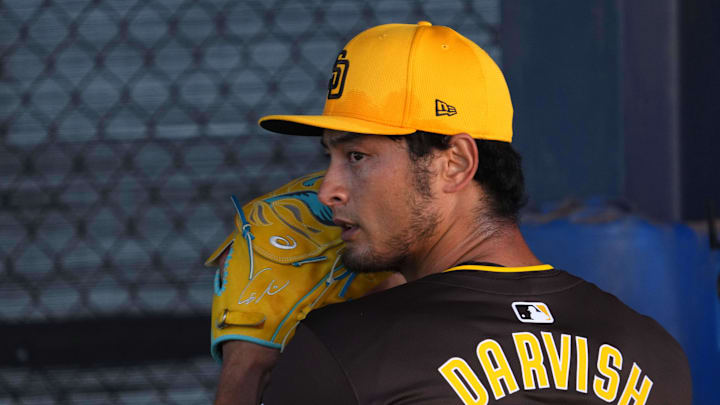 Feb 13, 2024; Peoria, AZ, USA; San Diego Padres pitcher Yu Darvish throws during a Spring Training
