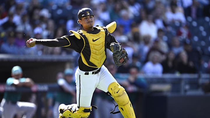 San Diego, California, USA; San Diego Padres catcher Ethan Salas (88) throws to first base during the ninth inning against the Seattle Mariners at Petco Park.