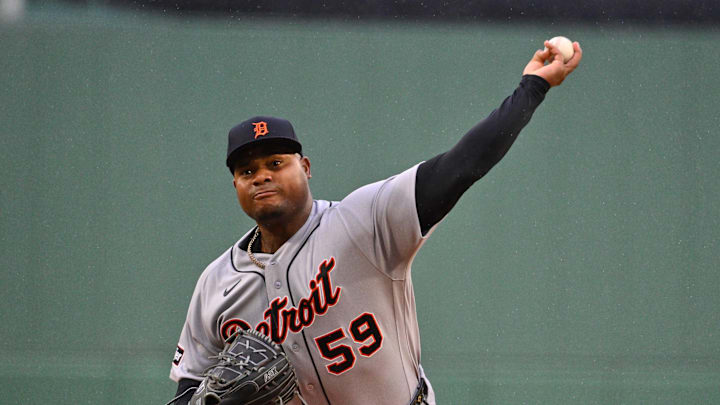 Apr 19, 2026; Boston, Massachusetts, USA; Detroit Tigers starting pitcher Framber Valdez (59) pitches against the Boston Red Sox during the first inning at Fenway Park. Mandatory Credit: Eric Canha-Imagn Images