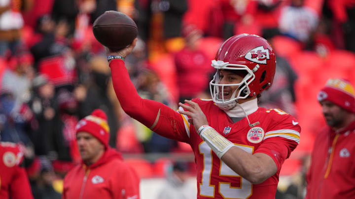 Jan 18, 2025; Kansas City, Missouri, USA; Kansas City Chiefs quarterback Patrick Mahomes (15) warms up before a 2025 AFC divisional round game against the Houston Texans at GEHA Field at Arrowhead Stadium. Mandatory Credit: Jay Biggerstaff-Imagn Images