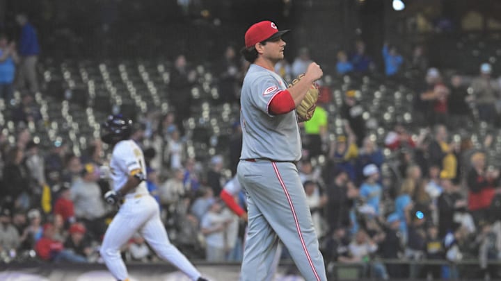 Apr 6, 2025; Milwaukee, Wisconsin, USA; Cincinnati Reds pitcher Ian Gibaut (79) looks on after giving up a solo home run to Milwaukee Brewers left fielder Jackson Chourio (11) in the seventh inning at American Family Field. Mandatory Credit: Benny Sieu-Imagn Images Apr 6, 2025; Milwaukee, Wisconsin, USA; Cincinnati Reds pitcher Ian Gibaut (79) looks on after giving up a solo home run to Milwaukee Brewers left fielder Jackson Chourio (11) in the seventh inning at American Family Field. Mandatory Credit: Benny Sieu-Imagn Images