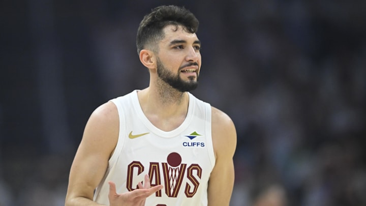 Apr 23, 2025; Cleveland, Ohio, USA; Cleveland Cavaliers guard Ty Jerome (2) celebrates his three-point basket in the first quarter of game two of the first round of the 2025 NBA Playoffs against the Miami Heat at Rocket Arena. Mandatory Credit: David Richard-Imagn Images Apr 23, 2025; Cleveland, Ohio, USA; Cleveland Cavaliers guard Ty Jerome (2) celebrates his three-point basket in the first quarter of game two of the first round of the 2025 NBA Playoffs against the Miami Heat at Rocket Arena. Mandatory Credit: David Richard-Imagn Images