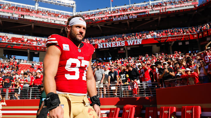 Sep 29, 2024; Santa Clara, California, USA; San Francisco 49ers defensive end Nick Bosa (97) walks off the field after the game against the New England Patriots at Levi's Stadium. Mandatory Credit: Sergio Estrada-Imagn Images Sep 29, 2024; Santa Clara, California, USA; San Francisco 49ers defensive end Nick Bosa (97) walks off the field after the game against the New England Patriots at Levi's Stadium. Mandatory Credit: Sergio Estrada-Imagn Images