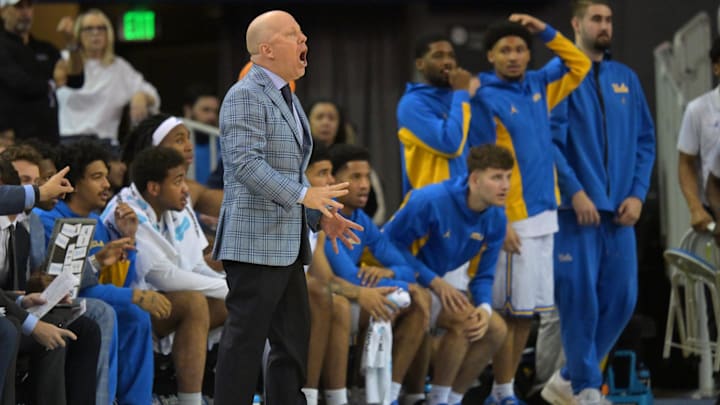 Jan 24, 2026; Los Angeles, California, USA;  UCLA Bruins head coach Mick Cronin reacts during a play in the second half against the Northwestern Wildcats at Pauley Pavilion presented by Wescom Financial. Mandatory Credit: Jayne Kamin-Oncea-Imagn Images