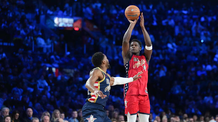 Feb 15, 2026; Inglewood, California, USA; Team USA Stars guard Anthony Edwards (5) of the Minnesota Timberwolves shoots while defended by Team USA Stripes guard Donovan Mitchell (45) of the Cleveland Cavaliers during the 75th NBA All Star Game at Intuit Dome. Mandatory Credit: Kirby Lee-Imagn Images