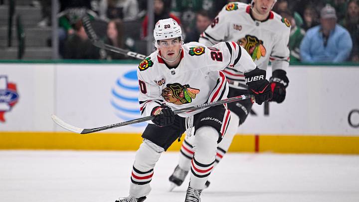 Mar 8, 2026; Dallas, Texas, USA; Chicago Blackhawks center Ryan Greene (20) skates against the Dallas Stars during the game between the Stars and the Blackhawks at American Airlines Center. Mandatory Credit: Jerome Miron-Imagn Images