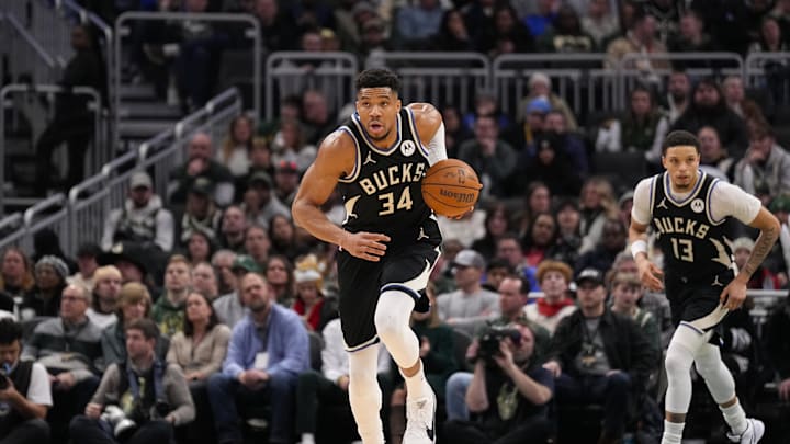 Jan 23, 2026; Milwaukee, Wisconsin, USA;  Milwaukee Bucks forward Giannis Antetokounmpo (34) during the game against the Denver Nuggets at Fiserv Forum. Mandatory Credit: Jeff Hanisch-Imagn Images