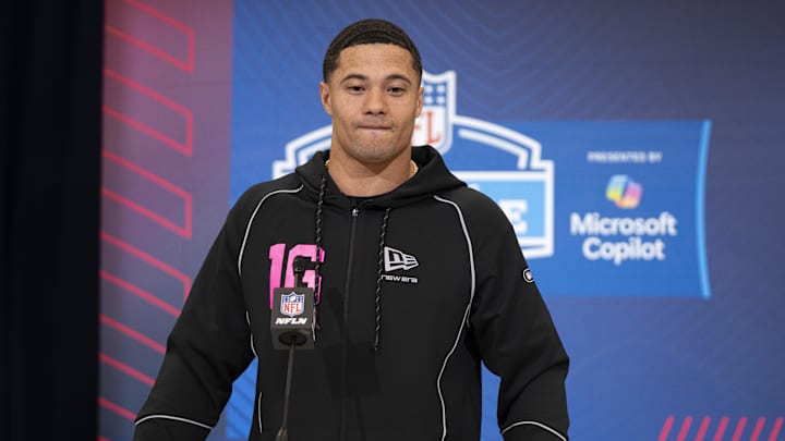 Feb 26, 2026; Indianapolis, IN, USA; Alabama defensive back Domani Jackson (DB16) speaks to members of the media during the NFL Combine at the Indiana Convention Center. Mandatory Credit: Jacob Musselman-Imagn Images