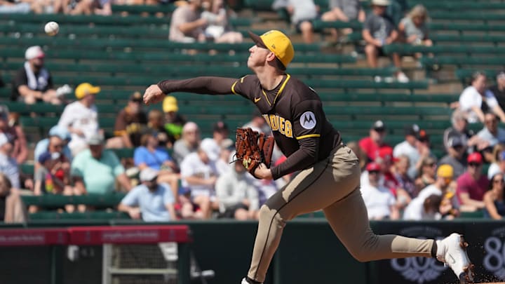 Mar 10, 2026; Tempe, Arizona, USA; San Diego Padres pitcher Walker Buehler (10) throws against the Los Angeles Angels in the first inning at Tempe Diablo Stadium. Mandatory Credit: Rick Scuteri-Imagn Images