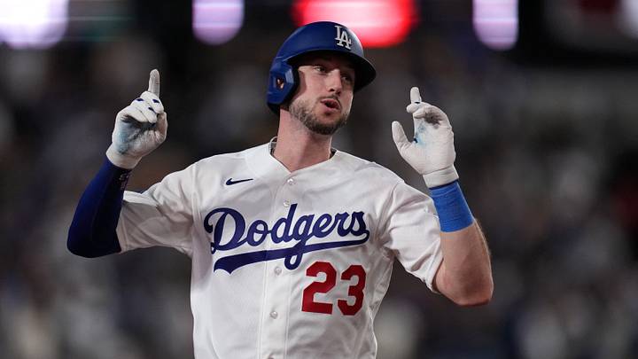 Sep 18, 2026; Los Angeles, California, USA;  Los Angeles Dodgers right fielder Kyle Tucker (23) celebrates after hitting a solo home run during the eighth inning against the San Francisco Giants at Dodger Stadium.  Mandatory Credit: Kirby Lee-Imagn Images