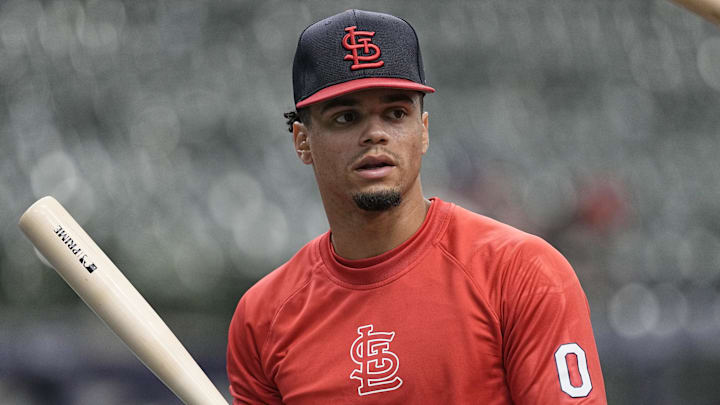 May 9, 2024; Milwaukee, Wisconsin, USA;  St. Louis Cardinals shortstop Masyn Winn (0) looks on during batting practice prior to the game against the Milwaukee Brewers at American Family Field. Mandatory Credit: Jeff Hanisch-USA TODAY Sports