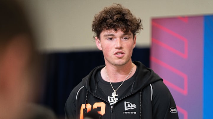 Feb 27, 2026; Indianapolis, IN, USA; Penn State quarterback Drew Allar (QB02) speaks to members of the media during the NFL Combine at the Indiana Convention Center. Mandatory Credit: Jacob Musselman-Imagn Images