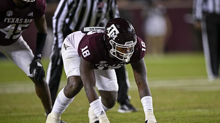 Nov 26, 2022; College Station, Texas, USA; Texas A&M Aggies defensive lineman LT Overton (18) in action during the game between the Texas A&M Aggies and the LSU Tigers at Kyle Field. Mandatory Credit: Jerome Miron-Imagn Images