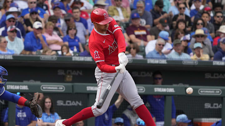 Los Angeles Angels left fielder Jake Marisnick (10) hits a solo home run