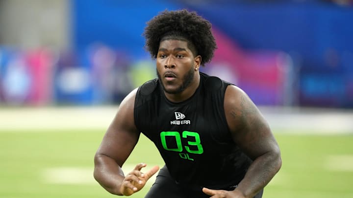 Mar 2, 2025; Indianapolis, IN, USA; Alabama offensive lineman Tyler Booker (OL03) during the 2025 NFL Combine at Lucas Oil Stadium. Mandatory Credit: Kirby Lee-Imagn Images