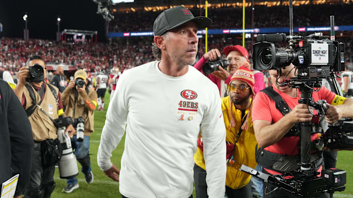 Oct 19, 2025; Santa Clara, California, USA; San Francisco 49ers head coach Kyle Shanahan after the game against the Atlanta Falcons at Levi's Stadium. Mandatory Credit: Darren Yamashita-Imagn Images Oct 19, 2025; Santa Clara, California, USA; San Francisco 49ers head coach Kyle Shanahan after the game against the Atlanta Falcons at Levi's Stadium. Mandatory Credit: Darren Yamashita-Imagn Images