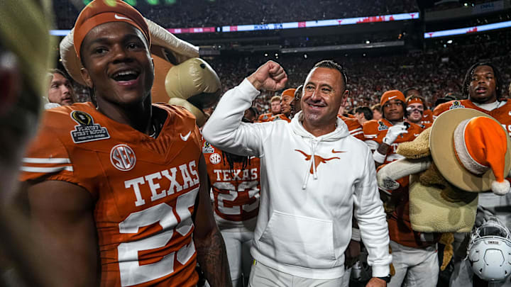 Texas Longhorns head coach Steve Sarkisian celebrates the 38-24 win against Clemson in the first round of the College Football Playoffs at Darrell K Royal-Texas Memorial Stadium on Saturday, Dec. 21, 2024.