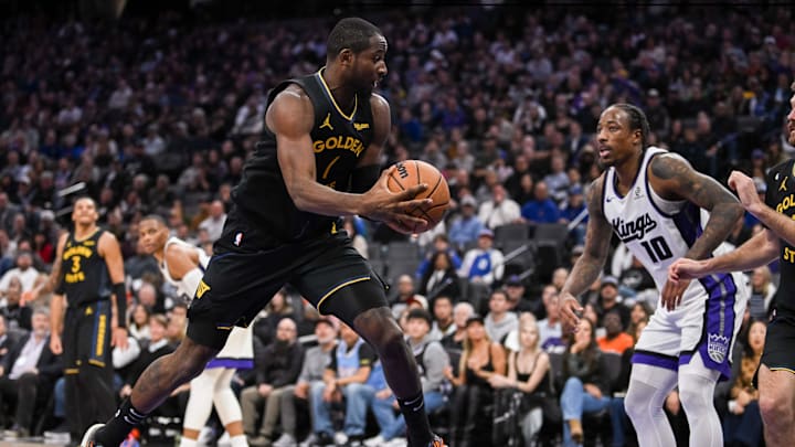 Nov 5, 2025; Sacramento, California, USA; Golden State Warriors forward Jonathan Kuminga (1) grabs a rebound against the Sacramento Kings during the fourth quarter at Golden 1 Center. Mandatory Credit: Ed Szczepanski-Imagn Images