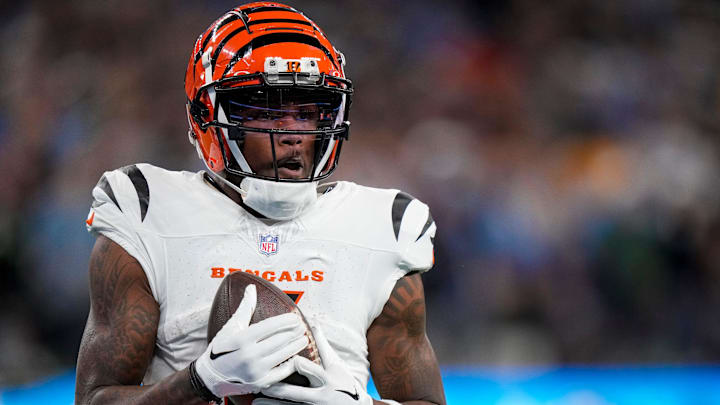 Cincinnati Bengals wide receiver Tee Higgins (5) catches a deep pass for a touchdown in the third quarter of the NFL Week 11 game between the Los Angeles Chargers and the Cincinnati Bengals at SoFi Stadium in Inglewood, Calif., on Sunday, Nov. 17, 2024. The Chargers won 34-27. Cincinnati Bengals wide receiver Tee Higgins (5) catches a deep pass for a touchdown in the third quarter of the NFL Week 11 game between the Los Angeles Chargers and the Cincinnati Bengals at SoFi Stadium in Inglewood, Calif., on Sunday, Nov. 17, 2024. The Chargers won 34-27.