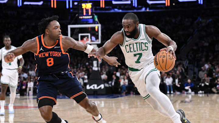 Boston Celtics guard Jaylen Brown drives past New York Knicks forward OG Anunoby. Boston Celtics guard Jaylen Brown drives past New York Knicks forward OG Anunoby.