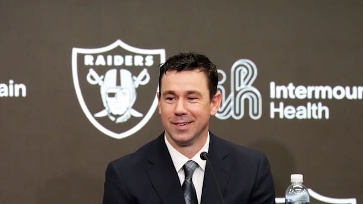 Feb 10, 2026; Henderson, NV, USA; Las Vegas Raiders coach Klint Kubiak speaks at introductory press conference at Intermountain Health Performance Center. Mandatory Credit: Kirby Lee-Imagn Images Feb 10, 2026; Henderson, NV, USA; Las Vegas Raiders coach Klint Kubiak speaks at introductory press conference at Intermountain Health Performance Center. Mandatory Credit: Kirby Lee-Imagn Images