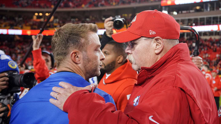 Nov 27, 2022; Kansas City, Missouri, USA; Los Angeles Rams head coach Sean McVay greets Kansas City Chiefs head coach Andy Reid after the game at GEHA Field at Arrowhead Stadium. Mandatory Credit: Denny Medley-Imagn Images Nov 27, 2022; Kansas City, Missouri, USA; Los Angeles Rams head coach Sean McVay greets Kansas City Chiefs head coach Andy Reid after the game at GEHA Field at Arrowhead Stadium. Mandatory Credit: Denny Medley-Imagn Images