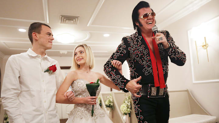 Graceland Wedding Chapel owner Brendan Paul about to officiate a wedding ceremony in 2020.