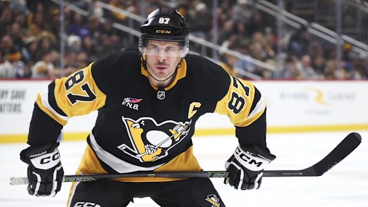 Feb 2, 2026; Pittsburgh, Pennsylvania, USA;  Pittsburgh Penguins center Sidney Crosby (87) prepares for a face-off against the Ottawa Senators during the third period at PPG Paints Arena. Mandatory Credit: Charles LeClaire-Imagn Images