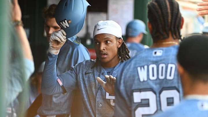 Apr 4, 2026; Washington, District of Columbia, USA; Washington Nationals shortstop CJ Abrams (5) is congratulated by teammates after scoring a run against the Los Angeles Dodgers during the fourth inning at Nationals Park. Mandatory Credit: Brad Mills-Imagn Images Apr 4, 2026; Washington, District of Columbia, USA; Washington Nationals shortstop CJ Abrams (5) is congratulated by teammates after scoring a run against the Los Angeles Dodgers during the fourth inning at Nationals Park. Mandatory Credit: Brad Mills-Imagn Images