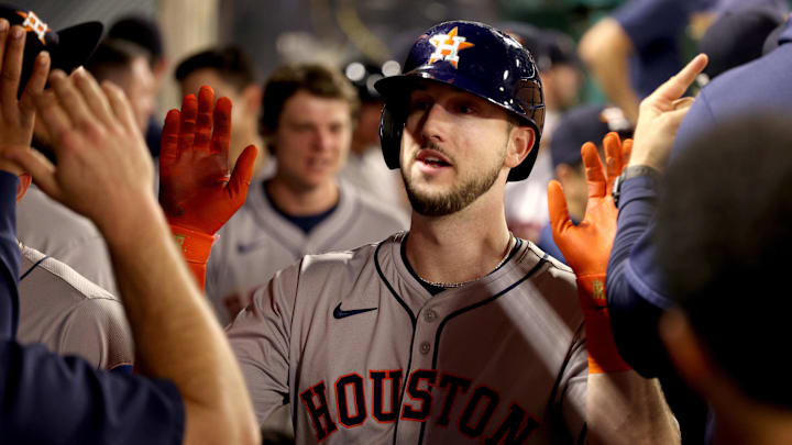 Houston Astros outfielder Kyle Tucker (30) celebrates with teammates after hitting a home run during the 9th inning against the Los Angeles Angels at Angel Stadium on Sept 14.