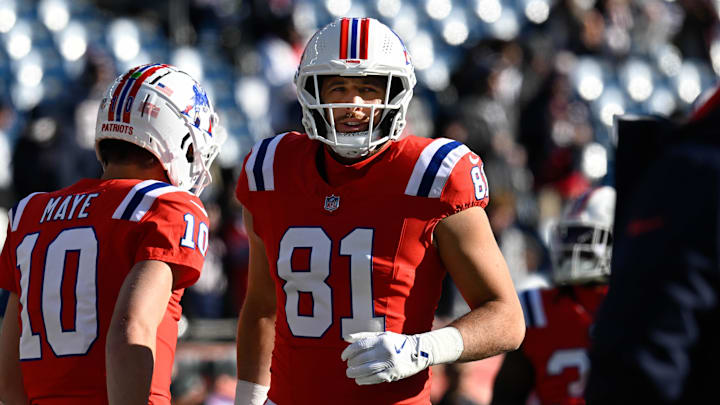 Dec 1, 2024; Foxborough, Massachusetts, USA; New England Patriots tight end Austin Hooper (81) warms up before a game against the Indianapolis Colts at Gillette Stadium. Mandatory Credit: Eric Canha-Imagn Images