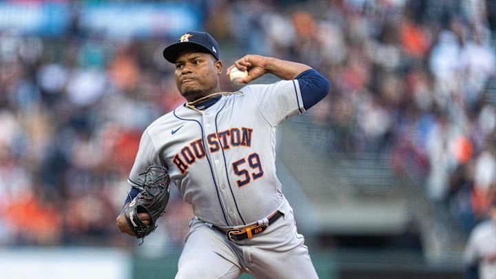 Jul 30, 2021; San Francisco, California, USA;  Houston Astros starting pitcher Framber Valdez (59) delivers a pitch during the first inning against the San Francisco Giants at Oracle Park. Mandatory Credit: Neville E. Guard-Imagn Images
