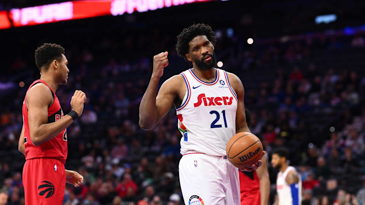 Feb 11, 2025; Philadelphia, Pennsylvania, USA; Philadelphia 76ers center Joel Embiid (21) reacts against the Toronto Raptors in the second quarter at Wells Fargo Center. Mandatory Credit: Kyle Ross-Imagn Images