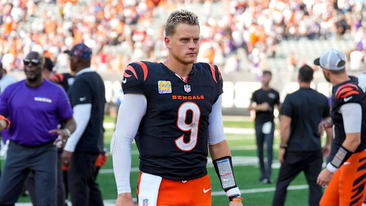 Cincinnati Bengals quarterback Joe Burrow (9) heads for the locker room after the NFL Week 5 game between the Cincinnati Bengals and Baltimore Ravens at Paycor Stadium in downtown Cincinnati on Sunday, Oct. 6, 2024. The Bengals fell to 1-4 on the season with a 41-38 loss to the Ravens.