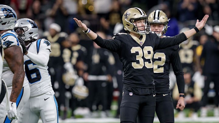 Dec 14, 2025; New Orleans, Louisiana, USA; New Orleans Saints kicker Charlie Smyth (39) celebrates after a field goal to win the game against the Carolina Panthers at Caesars Superdome. Mandatory Credit: Matthew Hinton-Imagn Images Dec 14, 2025; New Orleans, Louisiana, USA; New Orleans Saints kicker Charlie Smyth (39) celebrates after a field goal to win the game against the Carolina Panthers at Caesars Superdome. Mandatory Credit: Matthew Hinton-Imagn Images