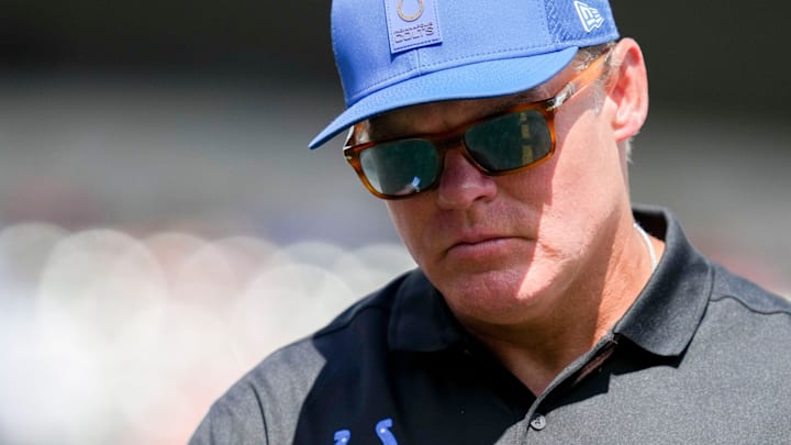 Indianapolis Colts general manager Chris Ballard leaves the field during a game against the Cincinnati Bengals at Paycor Stadium.