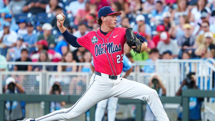 Mississippi Rebels pitcher Hudson Calhoun (23) pitches against the North Carolina Tar Heels during the sixth inning at Charles Schwab Field.