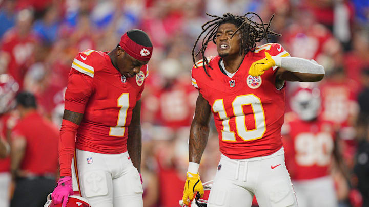 Oct 12, 2025; Kansas City, Missouri, USA; Kansas City Chiefs running back Isiah Pacheco (10) reacts before the game at GEHA Field at Arrowhead Stadium. Mandatory Credit: Jay Biggerstaff-Imagn Images