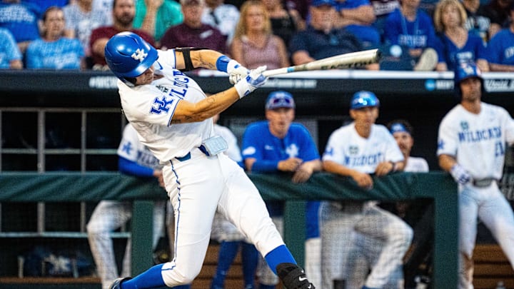 Jun 17, 2024; Omaha, NE, USA; Kentucky Wildcats infielder Patrick Herrera (1) strikes out against the Texas A&M Aggies during the seventh inning at Charles Schwab Field Omaha. Mandatory Credit: Dylan Widger-Imagn Images
