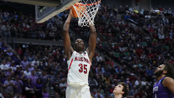 Mar 20, 2022; San Diego, CA, USA; Arizona Wildcats center Christian Koloko (35) shoots against TCU Horned Frogs guard Francisco Farabello (3) in the first half during the second round of the 2022 NCAA Tournament at Viejas Arena. Mar 20, 2022; San Diego, CA, USA; Arizona Wildcats center Christian Koloko (35) shoots against TCU Horned Frogs guard Francisco Farabello (3) in the first half during the second round of the 2022 NCAA Tournament at Viejas Arena.