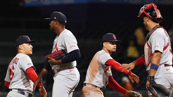 Sep 23, 2026; Pittsburgh, Pennsylvania, USA; St. Louis Cardinals second baseman JJ Wetherholt (26) and relief pitcher George Soriano (6LC) and shortstop Masyn Winn (RC) and catcher Leo Bernal (13) celebrate after defeating the Pittsburgh Pirates at PNC Park. Mandatory Credit: Charles LeClaire-Imagn Images Sep 23, 2026; Pittsburgh, Pennsylvania, USA; St. Louis Cardinals second baseman JJ Wetherholt (26) and relief pitcher George Soriano (6LC) and shortstop Masyn Winn (RC) and catcher Leo Bernal (13) celebrate after defeating the Pittsburgh Pirates at PNC Park. Mandatory Credit: Charles LeClaire-Imagn Images