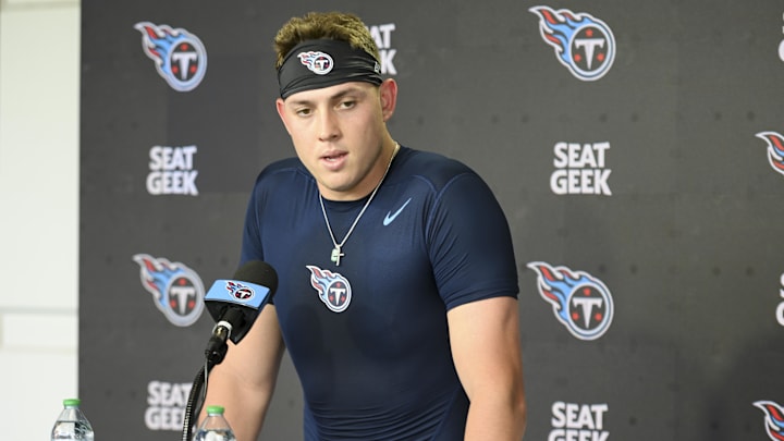 Tennessee Titans tight end Gunnar Helm talks with reporters after his first day of rookie mini camp at Saint Thomas Sports Park. Mandatory Credit: Steve Roberts-Imagn Images