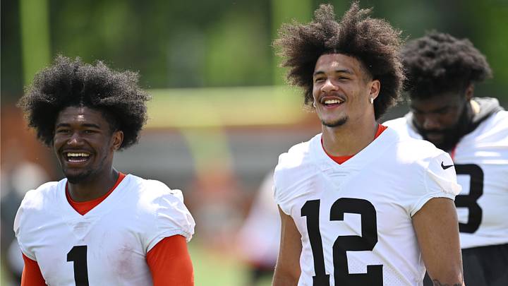 Jun 11, 2026; Berea, OH, USA;  Cleveland Browns wide receiver KC Concepcion (1) and wide receiver Denzel Boston (12) exit the field during minicamp at CrossCountry Mortgage Campus. Mandatory Credit: Ken Blaze-Imagn Images

