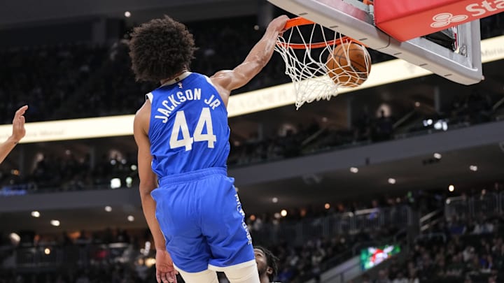 Dec 26, 2024; Milwaukee, Wisconsin, USA; Milwaukee Bucks guard Andre Jackson Jr. (44) dunks during the first quarter against the Brooklyn Nets at Fiserv Forum. Mandatory Credit: Jeff Hanisch-Imagn Images Dec 26, 2024; Milwaukee, Wisconsin, USA; Milwaukee Bucks guard Andre Jackson Jr. (44) dunks during the first quarter against the Brooklyn Nets at Fiserv Forum. Mandatory Credit: Jeff Hanisch-Imagn Images