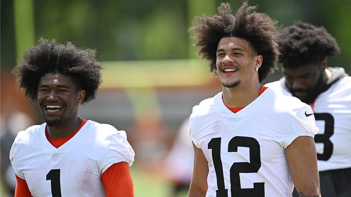 Jun 11, 2026; Berea, OH, USA;  Cleveland Browns wide receiver KC Concepcion (1) and wide receiver Denzel Boston (12) exit the field during minicamp at CrossCountry Mortgage Campus. Mandatory Credit: Ken Blaze-Imagn Images