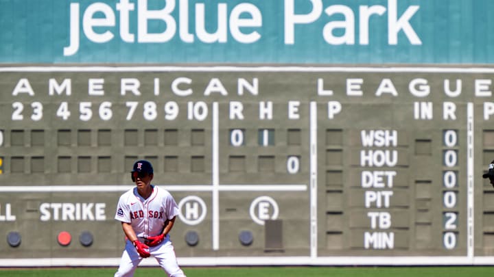 Mar 2, 2025; Fort Myers, Florida, USA; Boston Red Sox Masataka Yoshida (7) on second base in the first inning of their game with the New York Mets at JetBlue Park at Fenway South. Mandatory Credit: Chris Tilley-Imagn Images Mar 2, 2025; Fort Myers, Florida, USA; Boston Red Sox Masataka Yoshida (7) on second base in the first inning of their game with the New York Mets at JetBlue Park at Fenway South. Mandatory Credit: Chris Tilley-Imagn Images